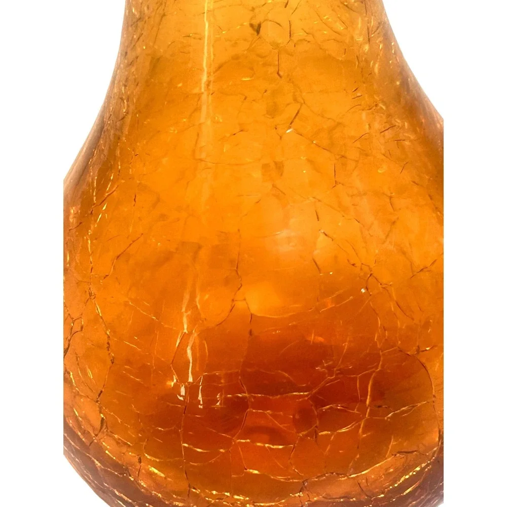 Vintage Amber Crackle Glass Vase Ruffled Rim Mid‎ Century Art Glass 7 Inch